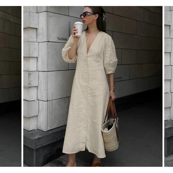 COMMENSE Cotton & Linen Button Down Dress Open & Tie Back Size L NWT Half Sleeve - Picture 1 of 8